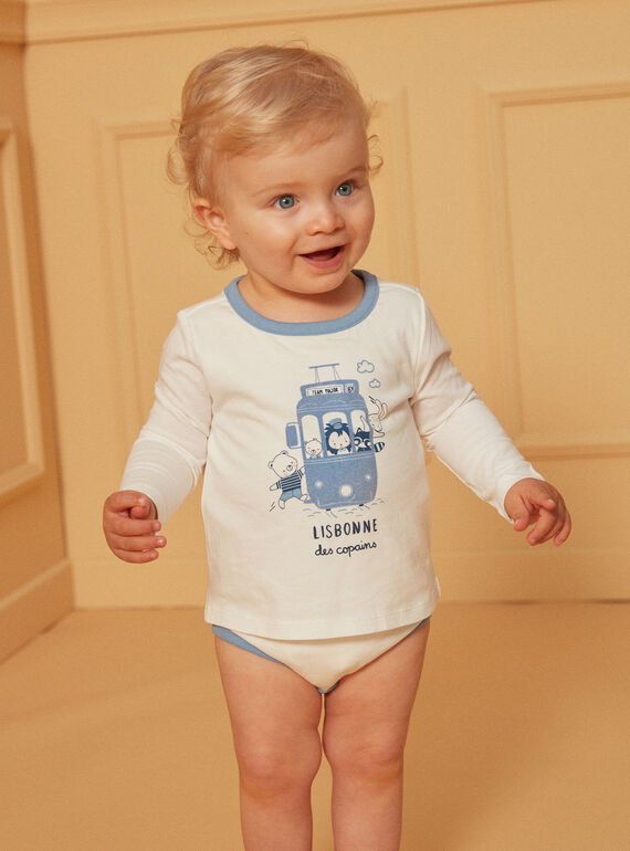 Body a T-shirt écru e azzurro con motivi di tram e animali LADULIO / 24H1BGJ1BOD001